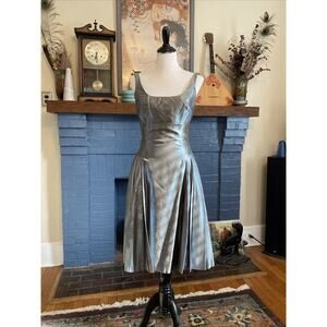 Carmen Marc Valvo Collection 8 Metallic Slate Blue Jacquard Silk Dress Lined